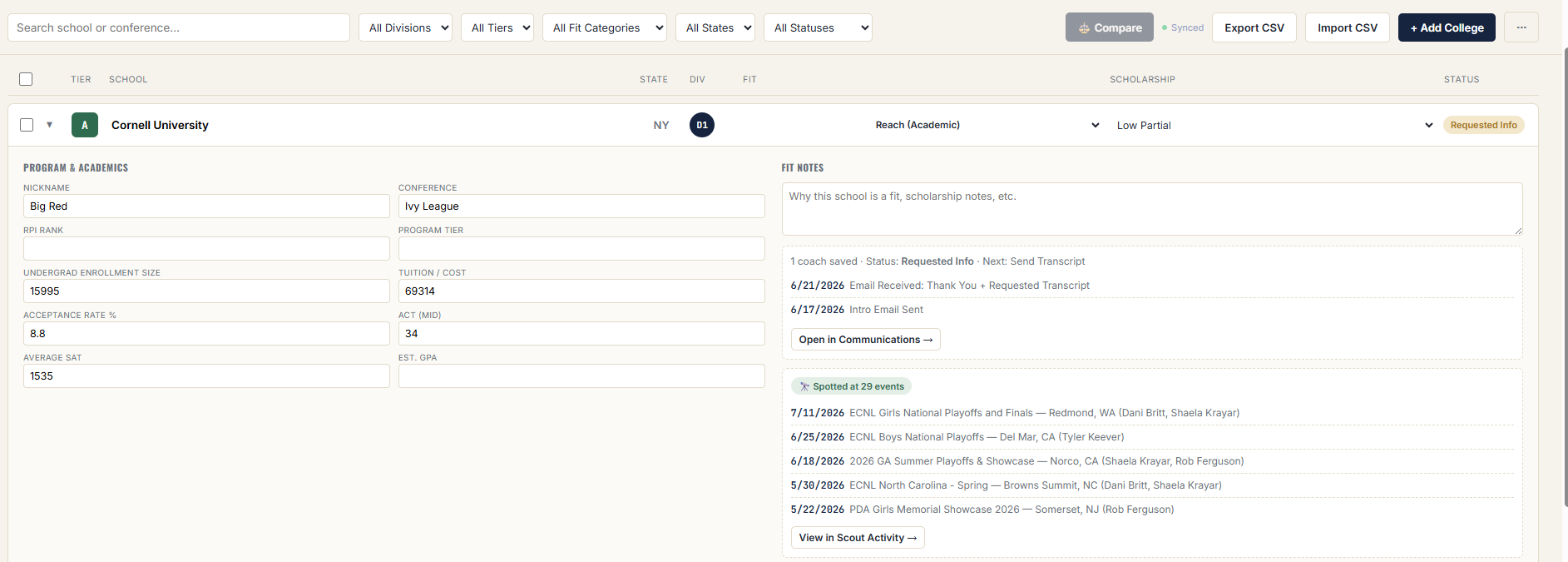 Recruitly College List tab showing a school's academic data, fit notes, outreach status, and event history in one expanded view