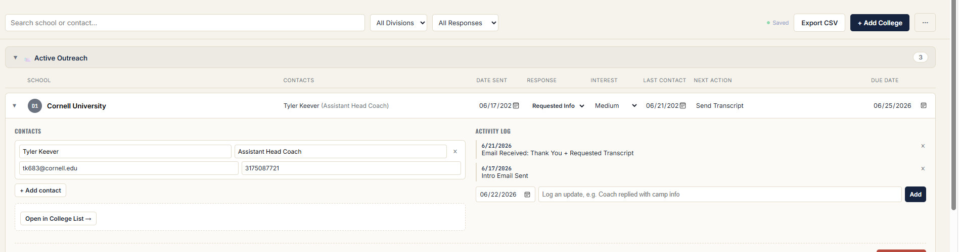 Communications tab in Recruitly showing an expanded school row with coach contact info, activity log, and next action due date