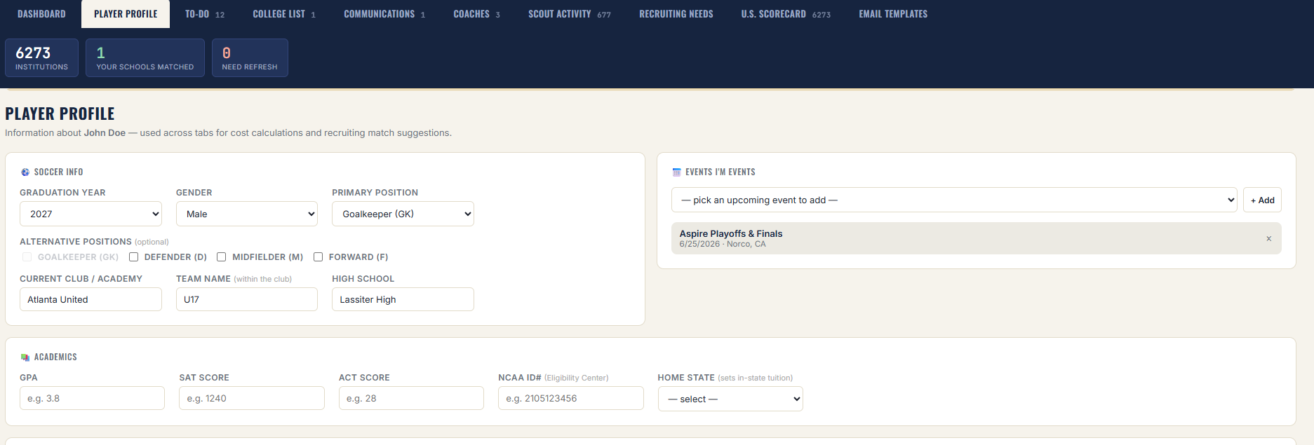 Recruitly Player Profile tab showing position, graduation year, club, and academics fields