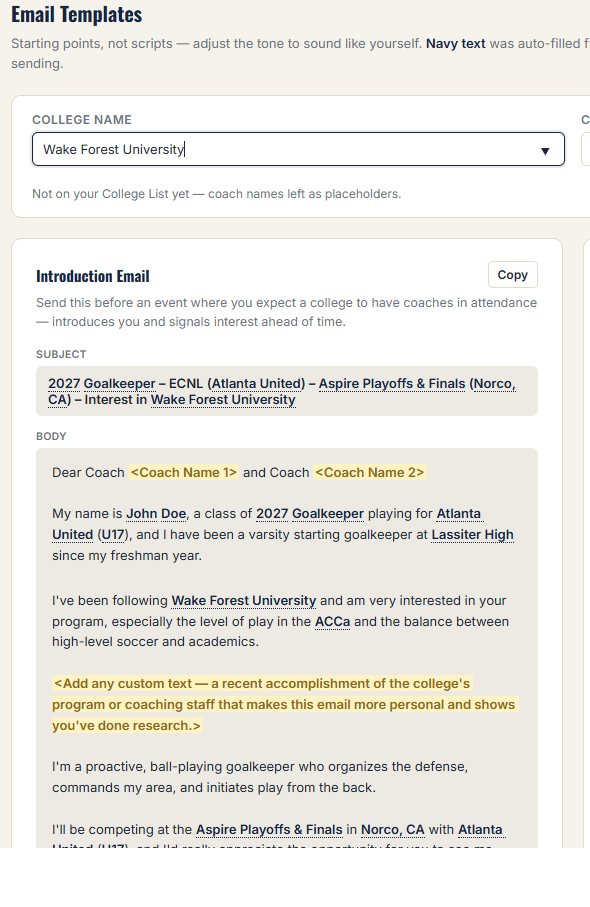 Recruitly Email Templates page showing an auto-filled introduction email with highlighted placeholders